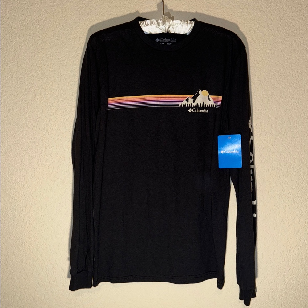 Columbia Black Long Sleeve with Mountain and Stripe Design